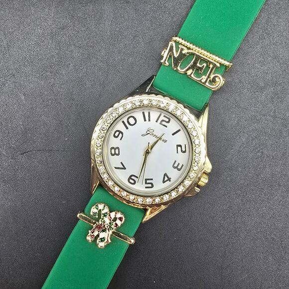 Women's Christmas Themed Quartz Watch Charms Green Silicon Band - Picture 1 of 8
